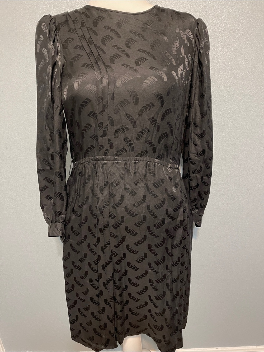Argenti Black Dress Long Sleeve Puff Shoulder Fit Flare Vintage Midi Size 10